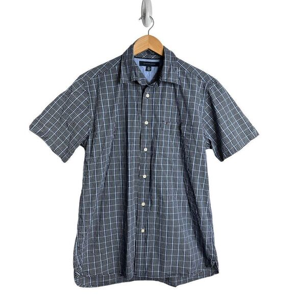 Tommy Hilfiger Shirt Short Sleeve Mens Blue Button Front Size Medium - Picture 1 of 8